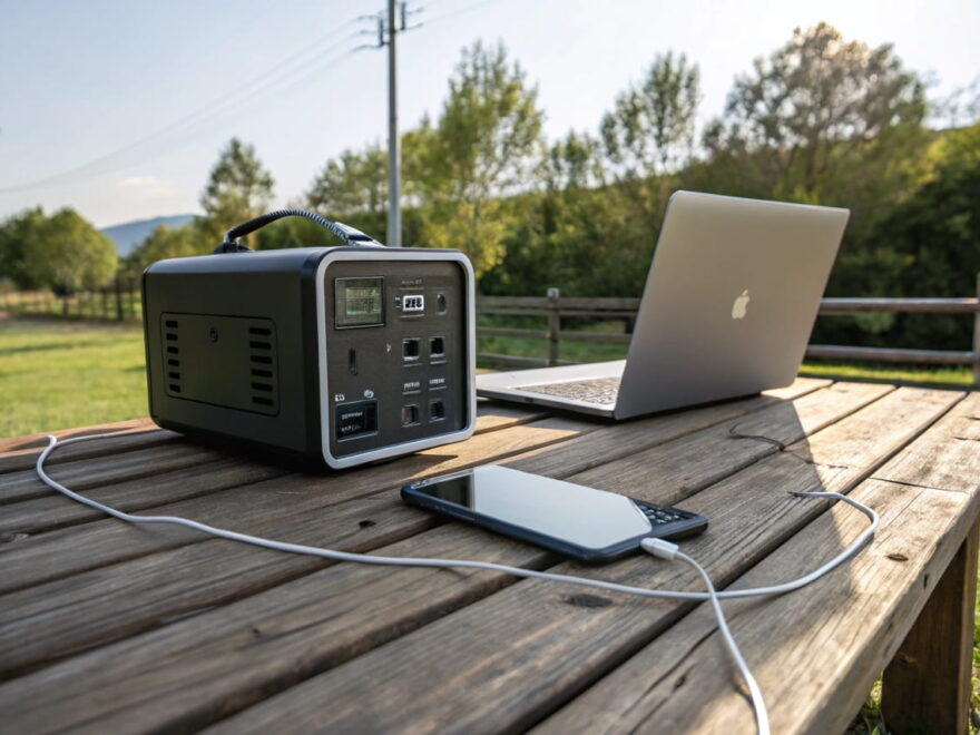 Powerbank mit Steckdose im Einsatz: Smartphone und Laptop werden gleichzeitig geladen