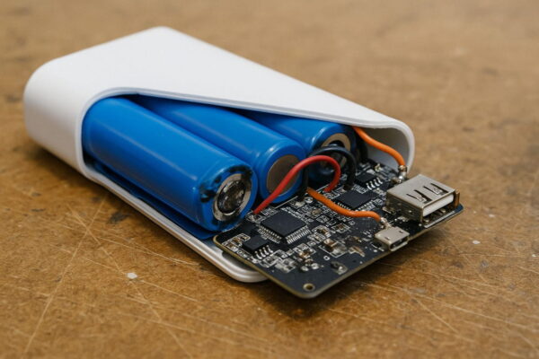 Technische Schwachstellen in Powerbanks – geöffnete Elektronik im Detail Offene Powerbank mit sichtbaren Schwachstellen an Akku und Platine – Symbolbild für technische Risiken