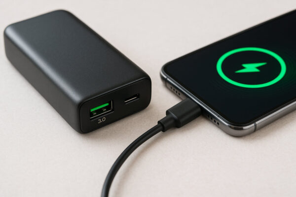 Powerbank mit Quick Charge 3.0 lädt ein Smartphone im Schnelllademodus
