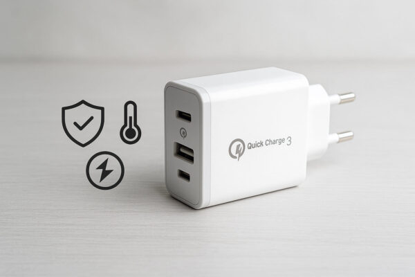 Quick Charge 3.0 USB-Netzteil mit Symbolen für Überstrom- und Temperaturschutz