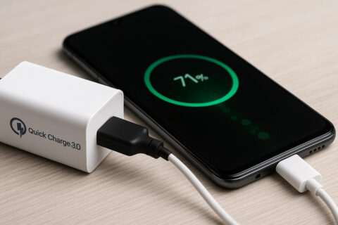 USB-Netzteil mit Quick Charge 3.0 lädt ein Smartphone im Schnelllademodus
