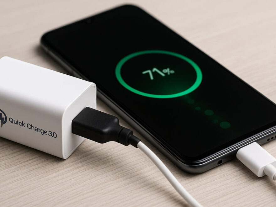 USB-Netzteil mit Quick Charge 3.0 lädt ein Smartphone im Schnelllademodus