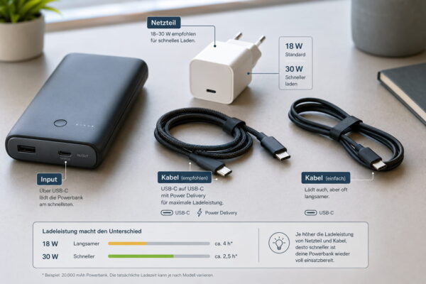 Powerbank richtig laden mit USB-C-Netzteil, Kabel und Ladeleistung im Vergleich