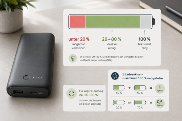 Powerbank richtig laden: Grafik zu Ladezustand, Ladezyklen und akkuschonendem Laden