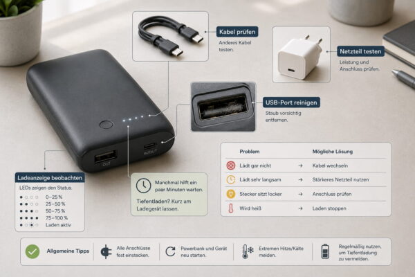 Powerbank lädt nicht richtig: Kabel, Netzteil, USB-Port und Ladeanzeige prüfen