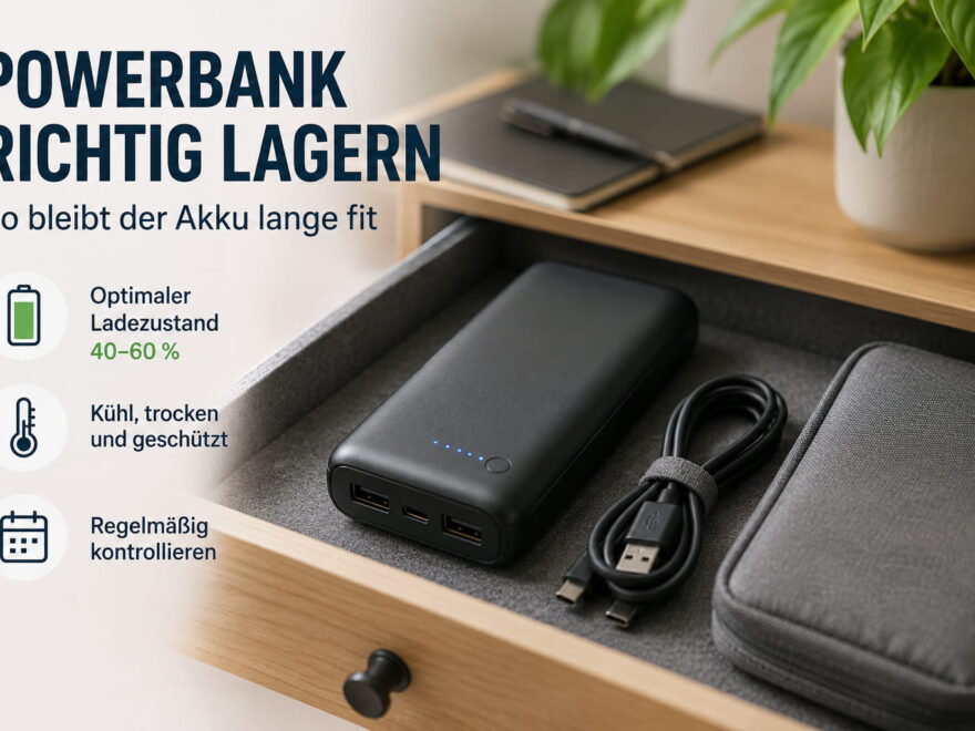 Powerbank richtig lagern bei 50 Prozent Ladestand in einer trockenen Schublade