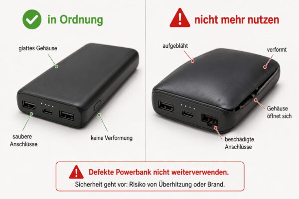 Powerbank richtig lagern: Schäden und Warnzeichen Powerbank richtig lagern und Schäden wie aufgeblähtes Gehäuse erkennen