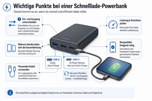 Quick Charge bei Powerbanks richtig nutzen Quick Charge Powerbank mit USB-A, USB-C, Kabel und Smartphone