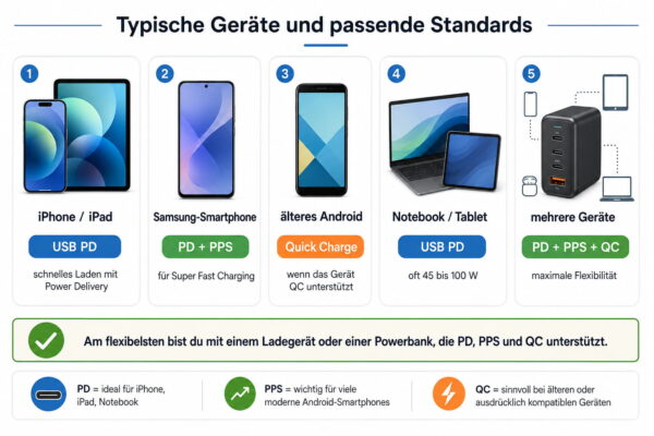 Power Delivery vs. Quick Charge: Welcher Standard passt zu welchem Gerät? Power Delivery und Quick Charge im Vergleich für iPhone, Samsung-Smartphone, älteres Android, Notebook und mehrere Geräte