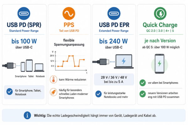 Power Delivery vs. Quick Charge: Standards und Leistung im Vergleich Power Delivery und Quick Charge mit PD, PPS und EPR im Vergleich