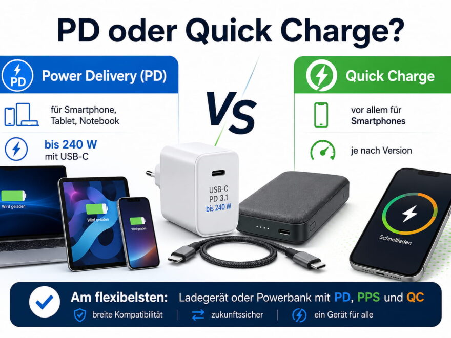 Power Delivery vs. Quick Charge mit Ladegerät, Powerbank, USB-C-Kabel, Smartphone, Tablet und Notebook im Vergleich