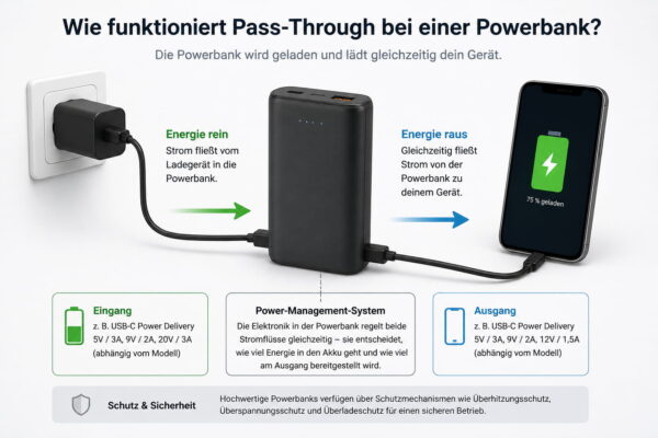 Pass-Through Charging bei einer Powerbank einfach erklärt Infografik zeigt, wie eine Powerbank per Pass-Through gleichzeitig geladen wird und ein Smartphone mit Strom versorgt.