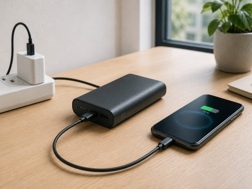 Powerbank wird per Netzteil geladen und lädt gleichzeitig ein Smartphone über Pass-Through.