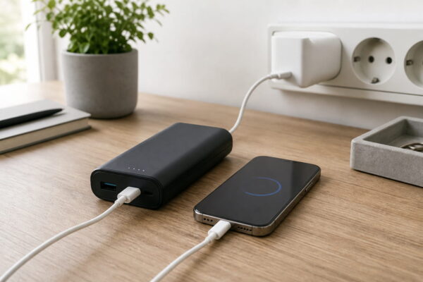 Powerbank gleichzeitig laden und Smartphone aufladen Powerbank wird am Netzteil geladen und versorgt gleichzeitig ein Smartphone per Kabel.