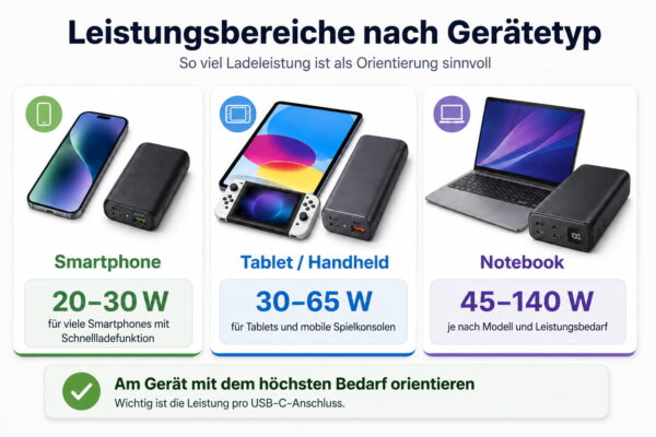 Orientierungswerte für die passende Wattzahl einer Powerbank für Smartphone, Tablet und Notebook