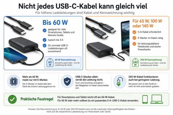 USB-C-Kabel für Powerbanks: Unterschied zwischen 60-W-Kabeln und stärkeren Kabeln für 65 bis 140 Watt