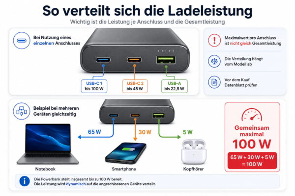 Watt bei einer Powerbank: Leistung pro Anschluss und Gesamtleistung im Vergleich