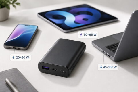Powerbank mit Watt-Angaben für Smartphone, Tablet und Notebook