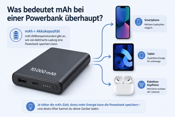 Infografik erklärt die Bedeutung von mAh bei einer Powerbank mit 10.000 mAh