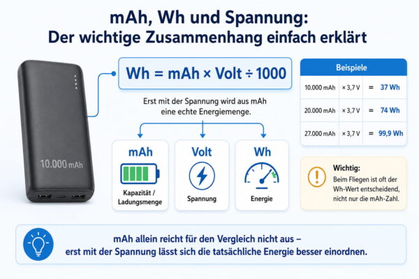 Infografik erklärt den Zusammenhang von mAh, Wh und Spannung bei einer Powerbank