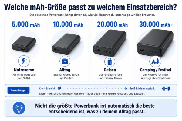Infografik zeigt welche Powerbank-Größe mit 5000, 10000, 20000 und 30000 mAh zu welchem Einsatzbereich passt