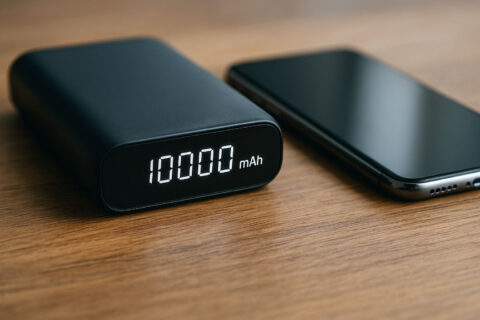 Powerbank mit digitaler Anzeige der mAh-Kapazität neben einem Smartphone