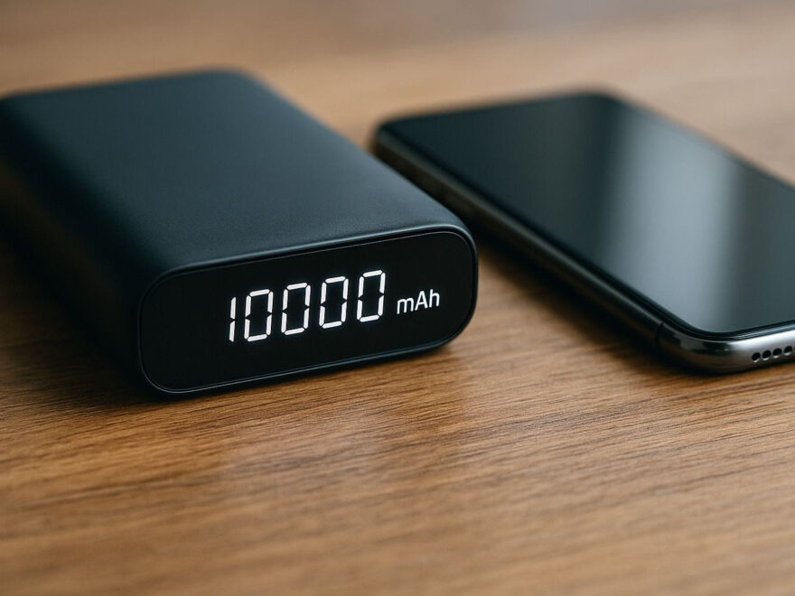Powerbank mit digitaler Anzeige der mAh-Kapazität neben einem Smartphone