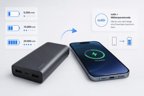 Powerbank lädt Smartphone und zeigt verschiedene mAh-Kapazitäten als Vergleich