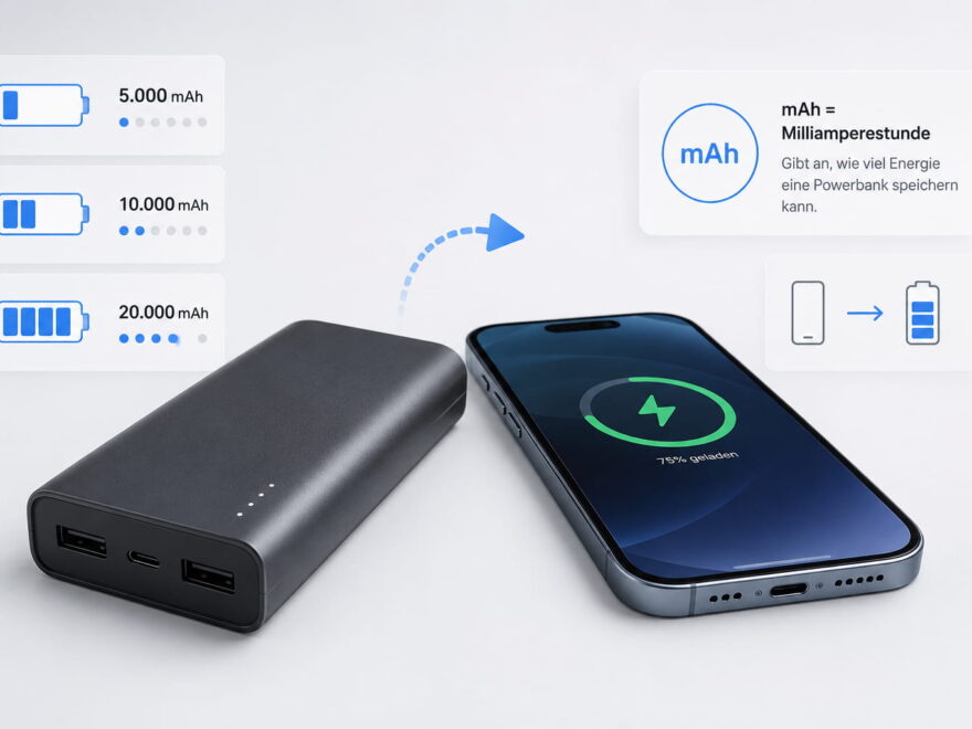 Powerbank lädt Smartphone und zeigt verschiedene mAh-Kapazitäten als Vergleich
