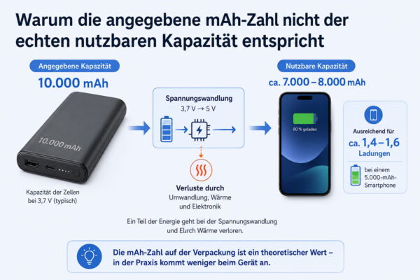 Infografik zur nutzbaren Kapazität einer Powerbank mit 10000 mAh und typischen Ladeverlusten