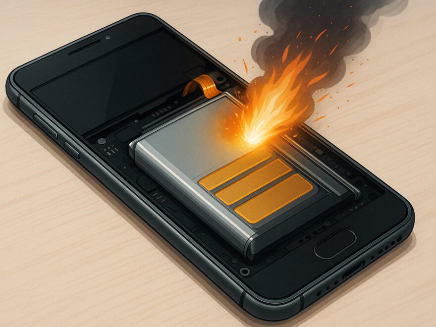 Handy explodieren – technische Darstellung eines überhitzten Akkus im Smartphone