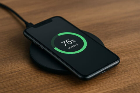 Qi-Ladegeräte im Einsatz: Smartphone wird kabellos auf einem Ladepad geladen