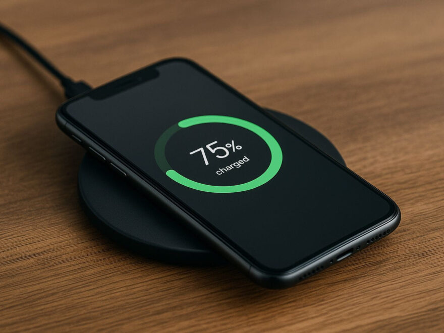 Qi-Ladegeräte im Einsatz: Smartphone wird kabellos auf einem Ladepad geladen