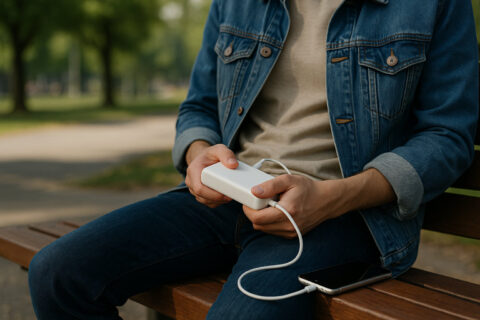 iPhone Powerbank lädt Smartphone unterwegs im Park
