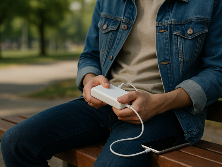 iPhone Powerbank lädt Smartphone unterwegs im Park