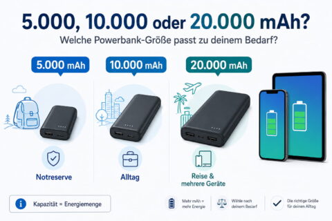Powerbank-Kapazität: So findest du die richtige Größe 3 Powerbank-Kapazität im Vergleich mit 5000, 10000 und 20000 mAh
