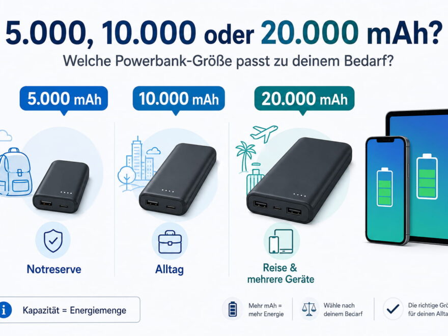 Powerbank-Kapazität im Vergleich mit 5000, 10000 und 20000 mAh