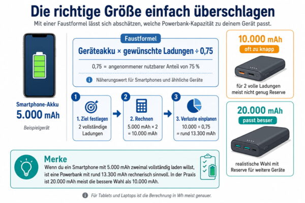 Powerbank-Kapazität richtig berechnen und passend wählen Powerbank-Kapazität berechnen mit Faustformel für 5000, 10000 und 20000 mAh