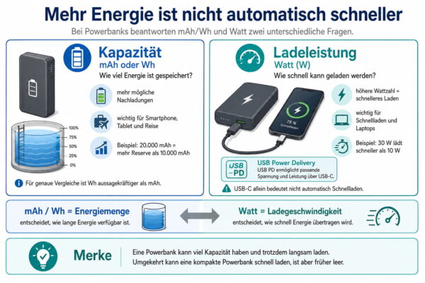 Unterschied zwischen Powerbank-Kapazität und Ladeleistung Powerbank-Kapazität und Ladeleistung im Vergleich