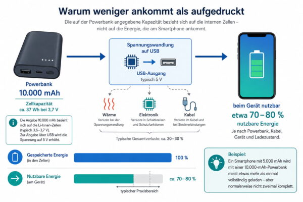 Nutzbare Powerbank-Kapazität einfach erklärt Powerbank-Kapazität mit Energieverlusten bei der Spannungswandlung