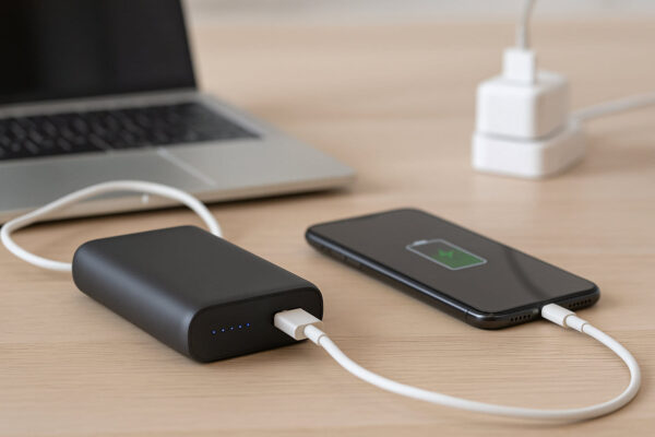 Powerbank richtig nutzen beim Laden eines Smartphones auf dem Schreibtisch