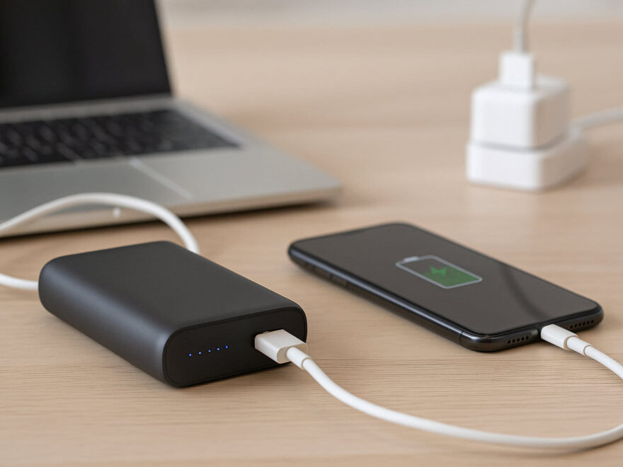 Powerbank richtig nutzen beim Laden eines Smartphones auf dem Schreibtisch
