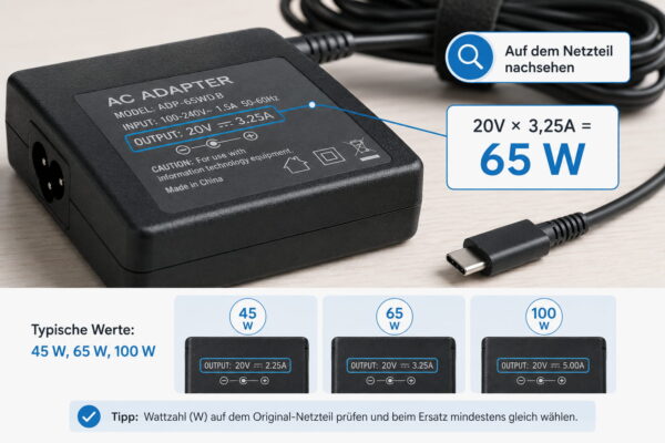 Wattangabe am Laptop-Netzteil einfach erkennen Nahaufnahme eines Laptop-Netzteils mit markierter Wattangabe zur Auswahl einer passenden Laptop Powerbank