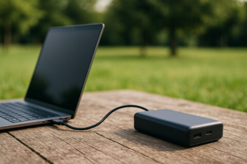 Laptop wird auf Holztisch mit Powerbank geladen