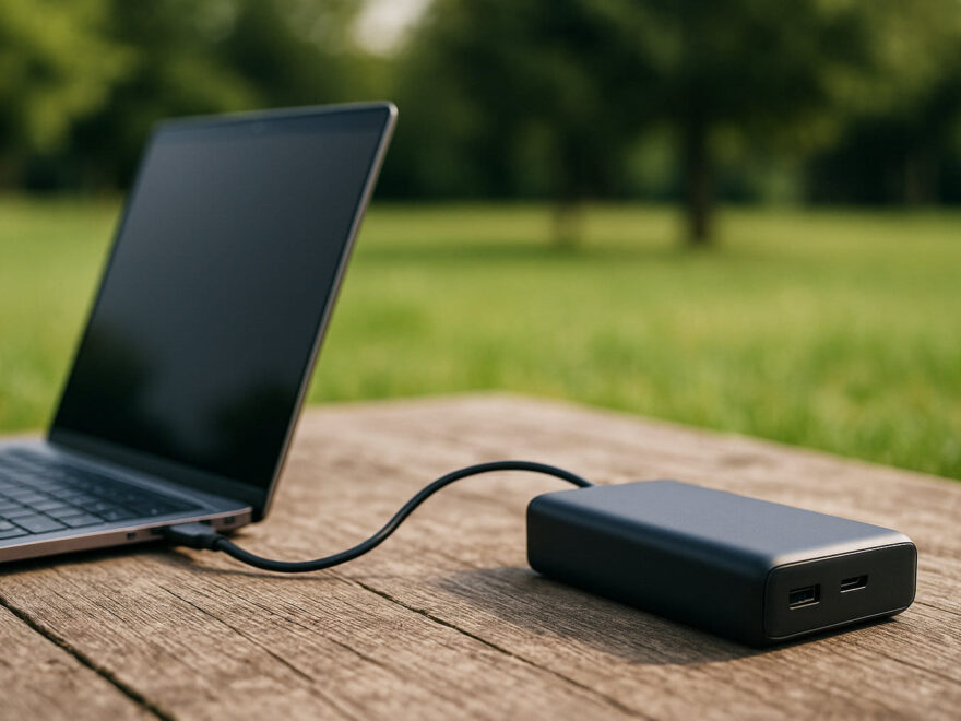 Laptop wird auf Holztisch mit Powerbank geladen