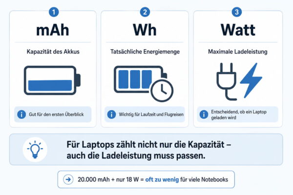 mAh, Wh und Watt bei einer Laptop Powerbank einfach erklärt Infografik erklärt den Unterschied zwischen mAh, Wh und Watt bei einer Laptop Powerbank