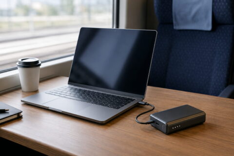Laptop Powerbank: So findest du das passende Modell 3 Laptop wird unterwegs im Zug über eine Laptop Powerbank per USB-C geladen