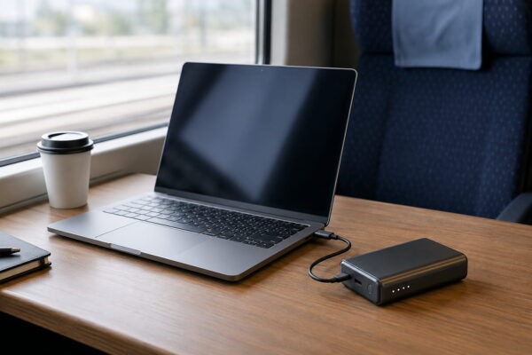 Laptop Powerbank für mobiles Arbeiten unterwegs Laptop wird unterwegs im Zug über eine Laptop Powerbank per USB-C geladen