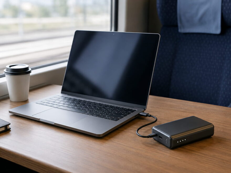 Laptop wird unterwegs im Zug über eine Laptop Powerbank per USB-C geladen