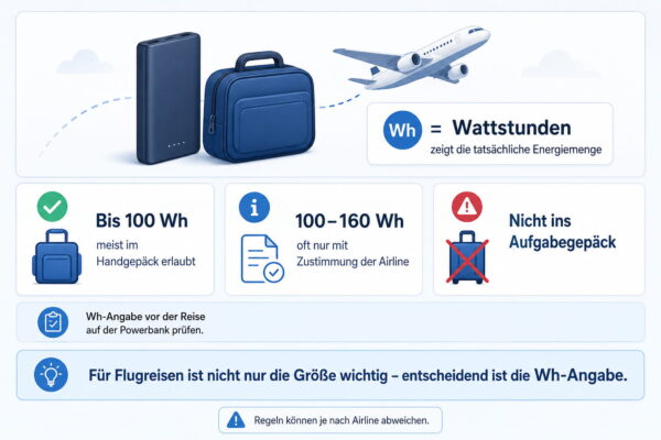 Laptop Powerbank im Flugzeug: Wh-Grenzen einfach erklärt Infografik zeigt Wh-Grenzen für eine Laptop Powerbank im Flugzeug und die Mitnahme im Handgepäck